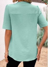 Avocado Green tops,Plain Color tops,ROTITA Button Avocado Green Split Neck Short Sleeve Blouse