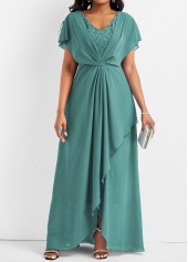 Turquoise dresses,Plain Color dresses,Party dresses,Elegant dresses,ROTITA Lace Turquoise V Neck Short Sleeve Maxi Dress
