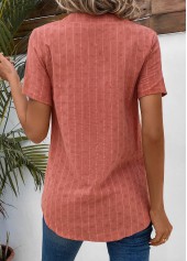 Coral tops,Striped tops,ROTITA Button Striped Coral Split Neck Short Sleeve Blouse