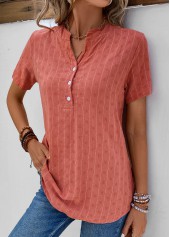 Coral tops,Striped tops,ROTITA Button Striped Coral Split Neck Short Sleeve Blouse