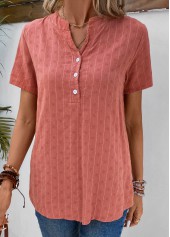 Coral tops,Striped tops,ROTITA Button Striped Coral Split Neck Short Sleeve Blouse