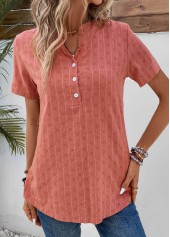Coral tops,Striped tops,ROTITA Button Striped Coral Split Neck Short Sleeve Blouse