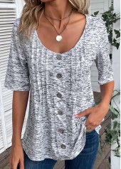 T-shirt à col rond gris clair chiné à boutons Rotita