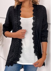 ROTITA Scalloped Hem Black Long Sleeve Light Cardigan
