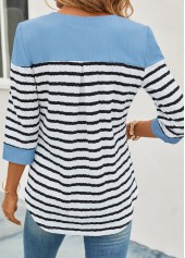 Sky Blue tops,White tops,Striped tops,ROTITA Button Striped Sky Blue Split Neck Blouse