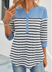 Sky Blue tops,White tops,Striped tops,ROTITA Button Striped Sky Blue Split Neck Blouse