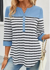 Sky Blue tops,White tops,Striped tops,ROTITA Button Striped Sky Blue Split Neck Blouse