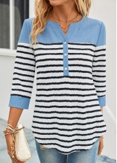 Sky Blue tops,White tops,Striped tops,ROTITA Button Striped Sky Blue Split Neck Blouse