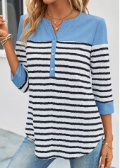 Sky Blue tops,White tops,Striped tops,ROTITA Button Striped Sky Blue Split Neck Blouse