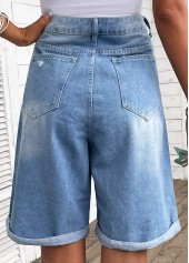 Denim Blue bottoms,Plain Color bottoms,Pocket Denim Blue Button Fly High Waisted Shorts