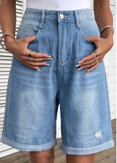 Denim Blue bottoms,Plain Color bottoms,Pocket Denim Blue Button Fly High Waisted Shorts