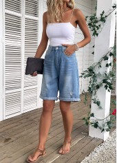 Denim Blue bottoms,Plain Color bottoms,Pocket Denim Blue Button Fly High Waisted Shorts