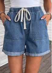 Denim Blue bottoms,Plain Color bottoms,Pocket Drawastring High Waisted Denim Shorts