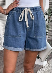 Denim Blue bottoms,Plain Color bottoms,Pocket Drawastring High Waisted Denim Shorts