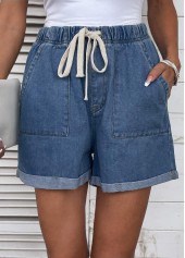 Denim Blue bottoms,Plain Color bottoms,Pocket Drawastring High Waisted Denim Shorts