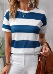 Blue tops,White tops,Striped tops,Geometric tops,Striped Blue Round Neck Short Sleeve T Shirt