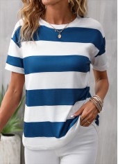 Blue tops,White tops,Striped tops,Geometric tops,Striped Blue Round Neck Short Sleeve T Shirt