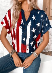 Multi Color tops,Flag tops,ROTITA Button American Flag Print Multi Color T Shirt
