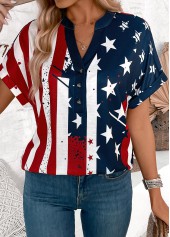 Multi Color tops,Flag tops,ROTITA Button American Flag Print Multi Color T Shirt
