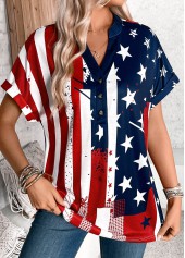 Multi Color tops,Flag tops,ROTITA Button American Flag Print Multi Color T Shirt