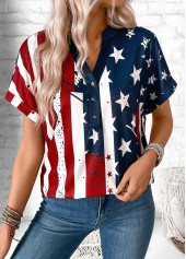 Multi Color tops,Flag tops,ROTITA Button American Flag Print Multi Color T Shirt