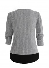 Light Grey Marl tops,Contrast Color tops,ROTITA Plus Size Layered Round Neck Fake Two Piece Twinset