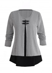 Light Grey Marl tops,Contrast Color tops,ROTITA Plus Size Layered Round Neck Fake Two Piece Twinset