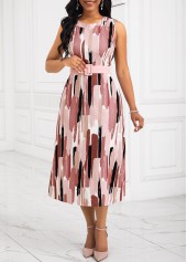 Pink dresses,Geometric dresses,Striped dresses,Party dresses,Elegant dresses,ROTITA Tummy Coverage Geometric Print Pink Belted Dress and Cardigan