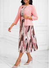 Pink dresses,Geometric dresses,Striped dresses,Party dresses,Elegant dresses,ROTITA Tummy Coverage Geometric Print Pink Belted Dress and Cardigan
