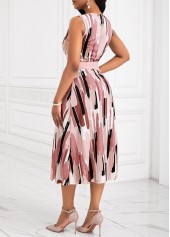 Pink dresses,Geometric dresses,Striped dresses,Party dresses,Elegant dresses,ROTITA Tummy Coverage Geometric Print Pink Belted Dress and Cardigan