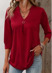 Wine Red tops,Plain Color tops,ROTITA Circular Ring Wine Red Split Neck T Shirt