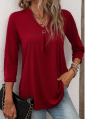 Wine Red tops,Plain Color tops,ROTITA Circular Ring Wine Red Split Neck T Shirt