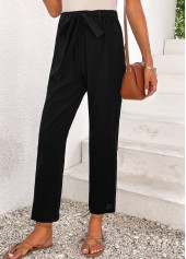 Black bottoms,Plain Color bottoms,Bowknot Black Elastic Waist High Waisted Pants