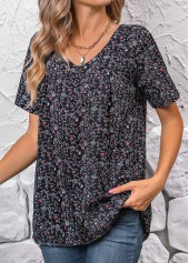 Black tops,Ditsy Floral tops,ROTITA Ruched Ditsy Floral Print Black V Neck Blouse