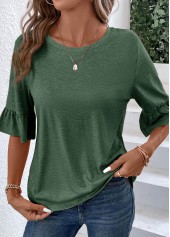 Green tops,Plain Color tops,Button Green Round Neck Half Sleeve T Shirt