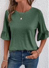 Green tops,Plain Color tops,Button Green Round Neck Half Sleeve T Shirt
