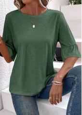 Green tops,Plain Color tops,Button Green Round Neck Half Sleeve T Shirt