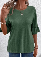 Green tops,Plain Color tops,Button Green Round Neck Half Sleeve T Shirt