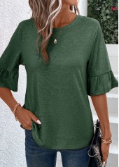 Green tops,Plain Color tops,Button Green Round Neck Half Sleeve T Shirt