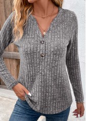 Dark Grey tops,Plain Color tops,Dark Grey Split Neck Button Long Sleeve T Shirt