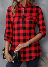 Red tops,Black tops,Plaid tops,Geometric tops,Striped tops,ROTITA Zipper Plaid Red High Neck Long Sleeve Blouse