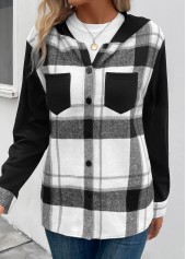 Black tops,White tops,Plaid tops,Striped tops,Geometric tops,ROTITA Patchwork Plaid Black Hooded Long Sleeve Coat