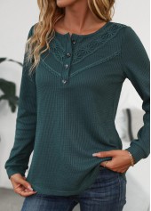 Blackish Green tops,Plain Color tops,ROTITA Patchwork Blackish Green Scoop Neck Long Sleeve T Shirt