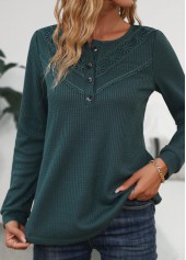 Blackish Green tops,Plain Color tops,ROTITA Patchwork Blackish Green Scoop Neck Long Sleeve T Shirt