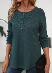 Blackish Green tops,Plain Color tops,ROTITA Patchwork Blackish Green Scoop Neck Long Sleeve T Shirt