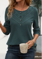 Blackish Green tops,Plain Color tops,ROTITA Patchwork Blackish Green Scoop Neck Long Sleeve T Shirt