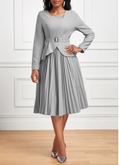Grey dresses,Plain Color dresses,Wear to Work dresses,Work dresses,ROTITA Pleated Grey Belted Asymmetrical Neck Long Sleeve Dress