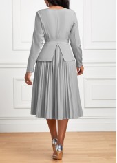 Grey dresses,Plain Color dresses,Wear to Work dresses,Work dresses,ROTITA Pleated Grey Belted Asymmetrical Neck Long Sleeve Dress