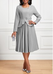 Grey dresses,Plain Color dresses,Wear to Work dresses,Work dresses,ROTITA Pleated Grey Belted Asymmetrical Neck Long Sleeve Dress