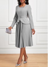 Grey dresses,Plain Color dresses,Wear to Work dresses,Work dresses,ROTITA Pleated Grey Belted Asymmetrical Neck Long Sleeve Dress